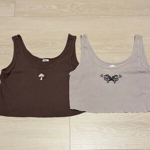 3/$10 Garage Embroidered Chocolate and Taupe Crop Tank Tops Set of 2